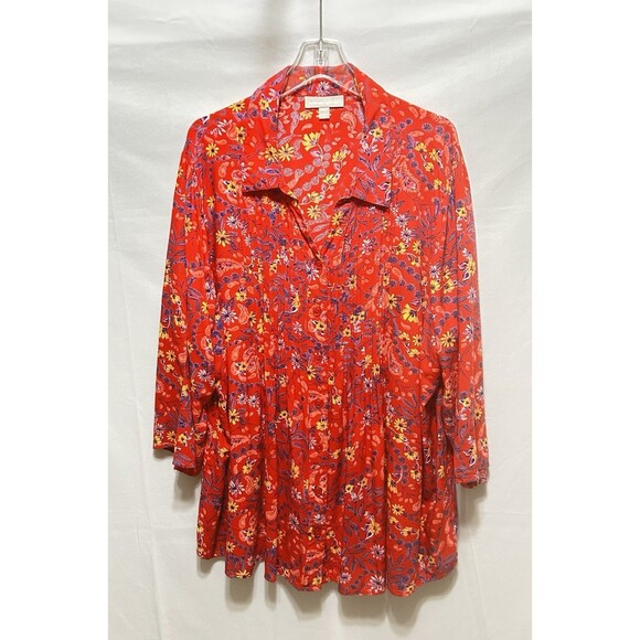 Woman Within Tops - Women Within 2X Red Floral 3/4 Sleeve Button Up Rayon Top